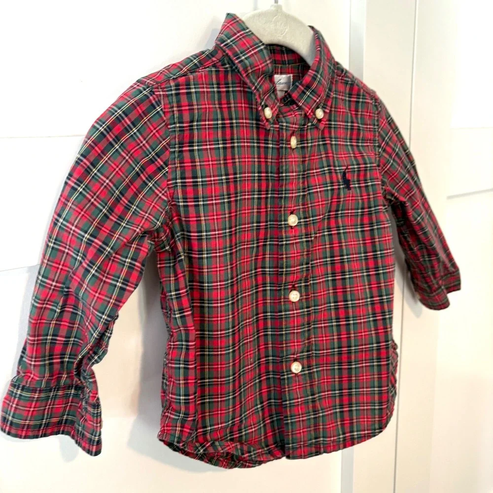 Ralph Lauren Kid's Red Plaid Holiday Button‎ Down Shirt in Size 12 Months